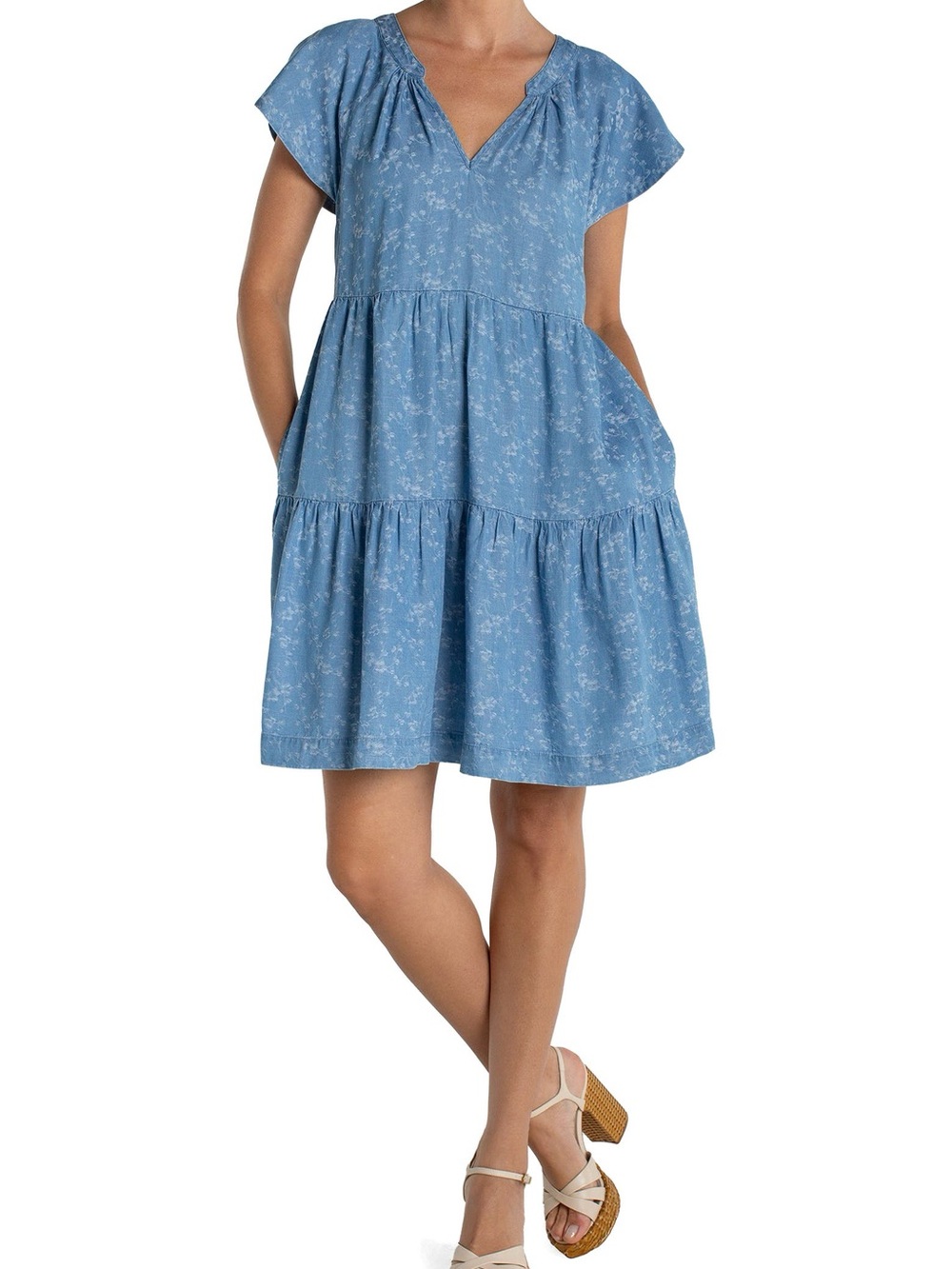 Liverpool LA Light Blue Jean Floral Tiered Midi Dress